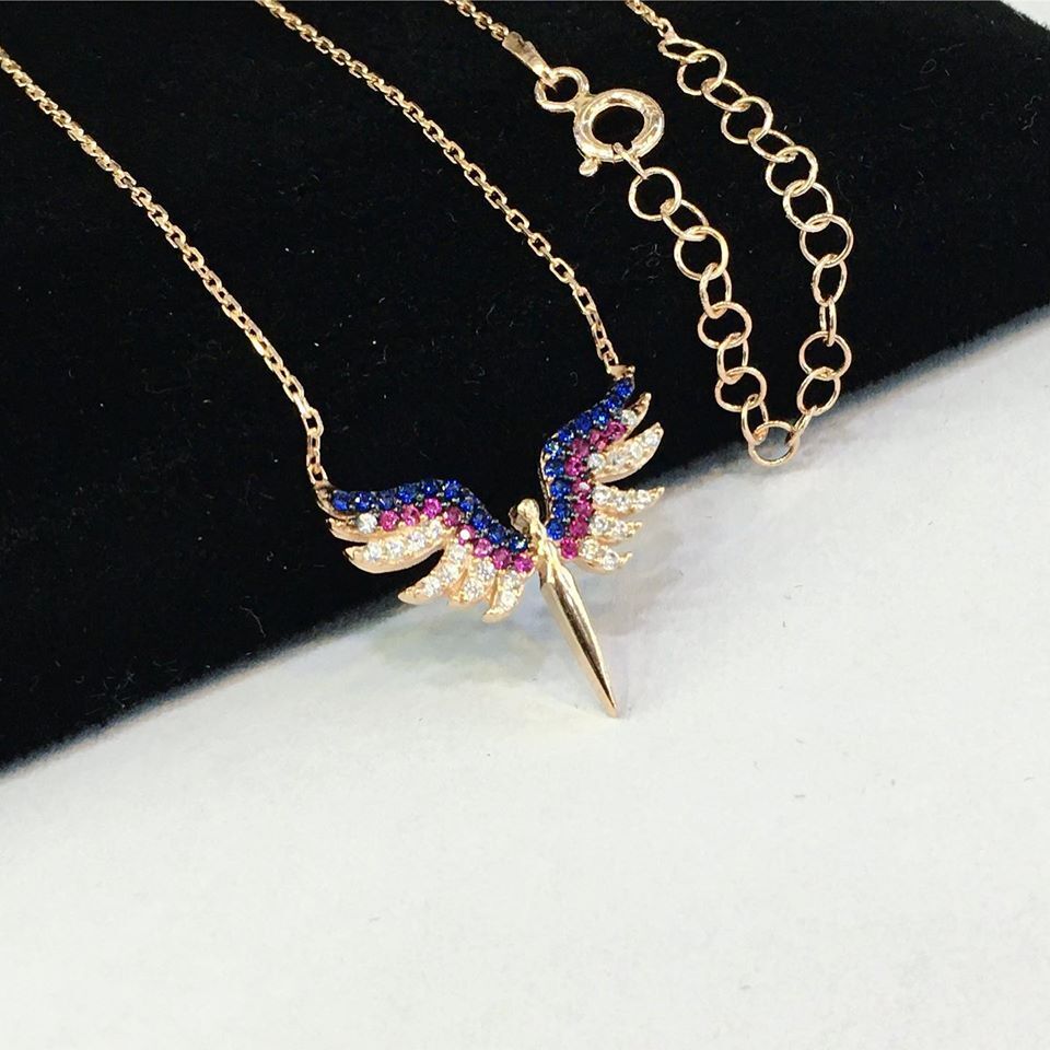 GÜMÜŞ ROSE MAVİ PEMBE ZİRKON TAŞLI MİKAİL KILICI KOLYE