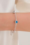 Gümüş Turkuaz Nazar Boncuklu ve Toplu Göz Zincirli Bileklik