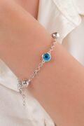 Gümüş Turkuaz Nazar Boncuklu ve Toplu Göz Zincirli Bileklik