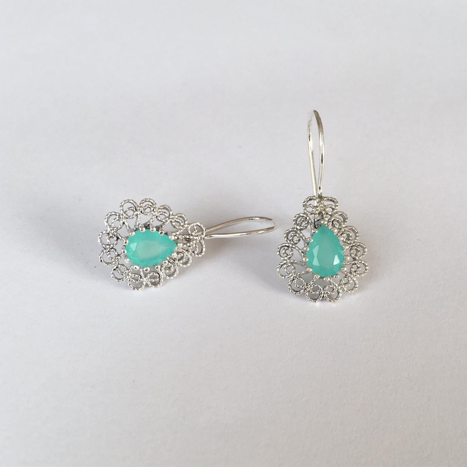 GÜMÜŞ TELKARİ TURKUAZ AKUAMARİN TAŞLI DAMLA KÜPE