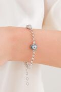 Gümüş Kalpli Turkuaz Göz Nazar Boncuklu ve Toplu Zirkon Taşlı Hallow Zincir Bileklik