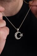 23 MM GÜMÜŞ AY YILDIZ BAYRAK ESKİTME İŞLEMELİ ERKEK KOLYE
