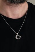 26 MM GÜMÜŞ AY YILDIZ BAYRAK ESKİTME İŞLEMELİ ERKEK KOLYE