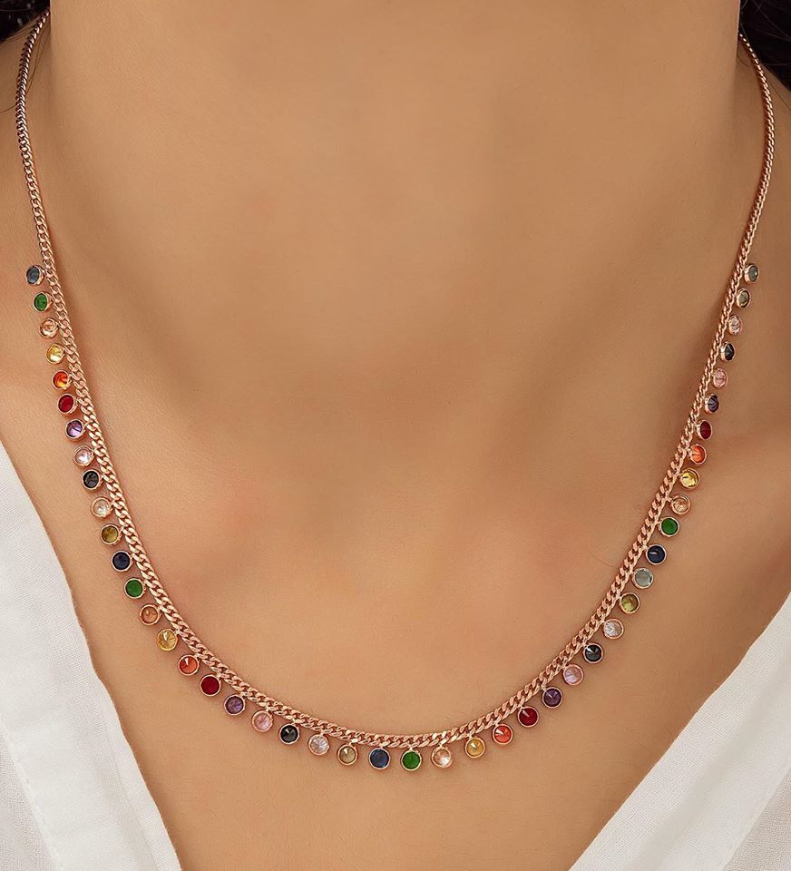 GÜMÜŞ ROSE  RENKLİ TAŞLI SIRALI  KOLYE