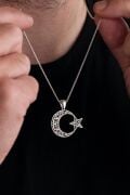 29 MM GÜMÜŞ AY YILDIZ BAYRAK ESKİTME İŞLEMELİ ERKEK KOLYE