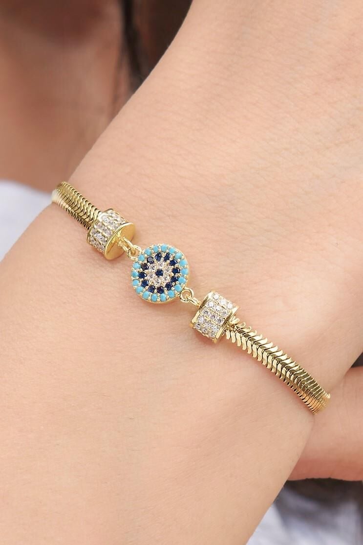 Gümüş Altın Kaplama Nazar Boncuklu Turkuaz Taşlı İtalyan Yılan Zincir Bileklik