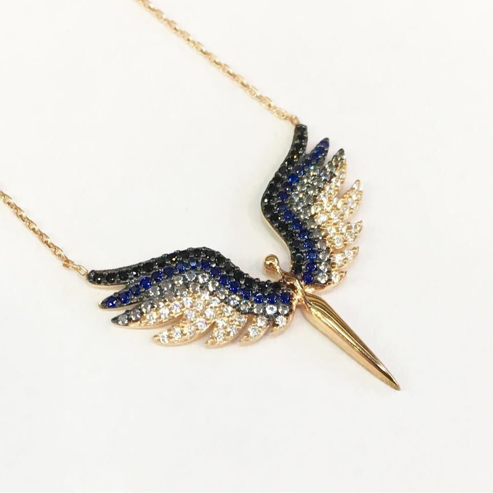 GÜMÜŞ ROSE MAVİ MİKAİL KILICI MELEK KANADI KOLYE