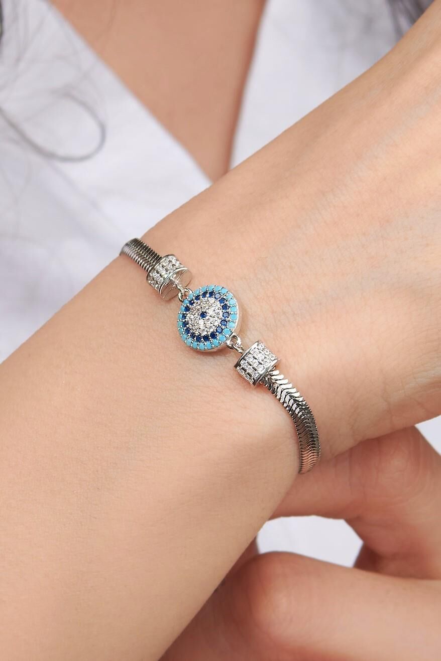 Gümüş Nazar Boncuklu Turkuaz Taşlı İtalyan Yılan Zincir Bileklik