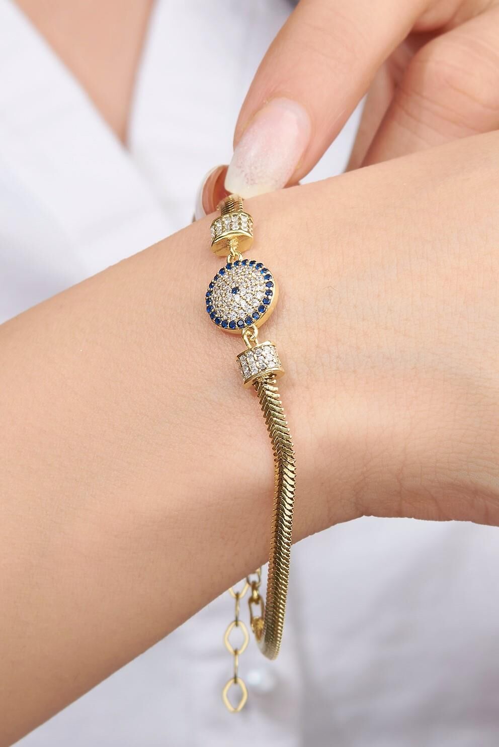 Gümüş Altın Kaplama Nazar Boncuklu İtalyan Yılan Zincir Bileklik