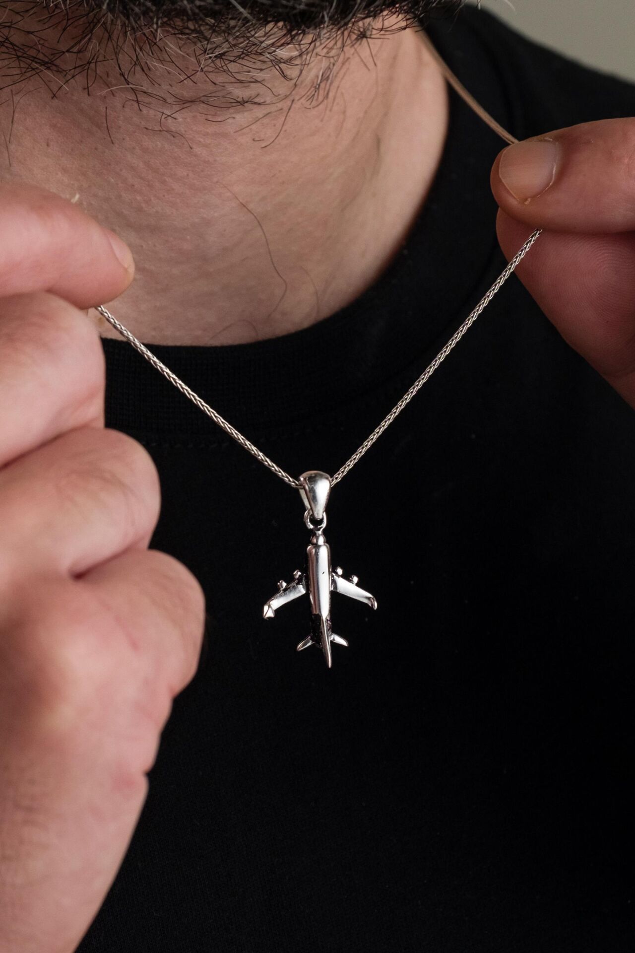 925 Ayar Gümüş Uçak Figürlü  Erkek Kolye