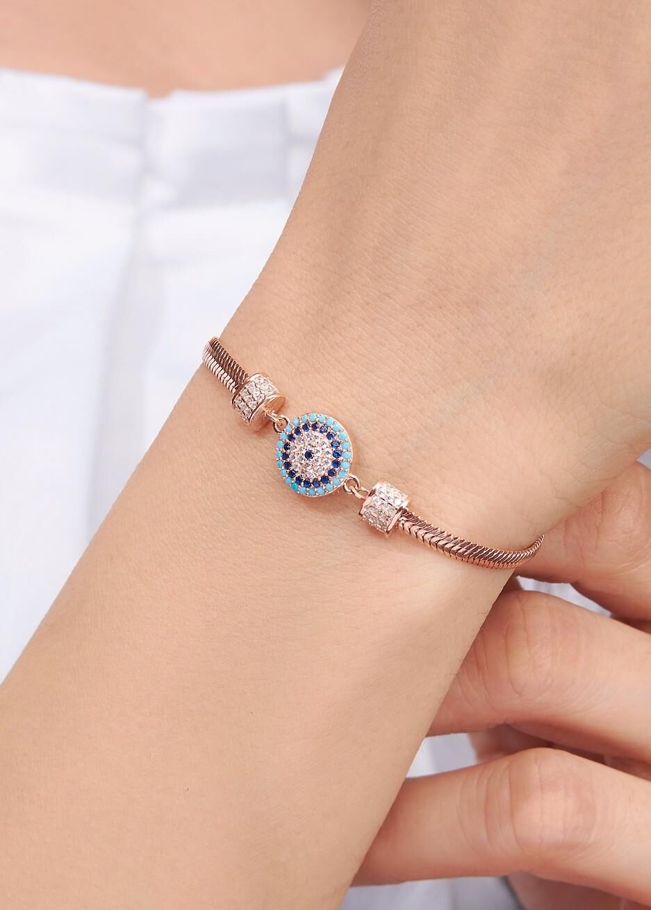 Gümüş Rose Nazar Boncuklu Turkuaz Taşlı İtalyan Yılan Zincir Bileklik