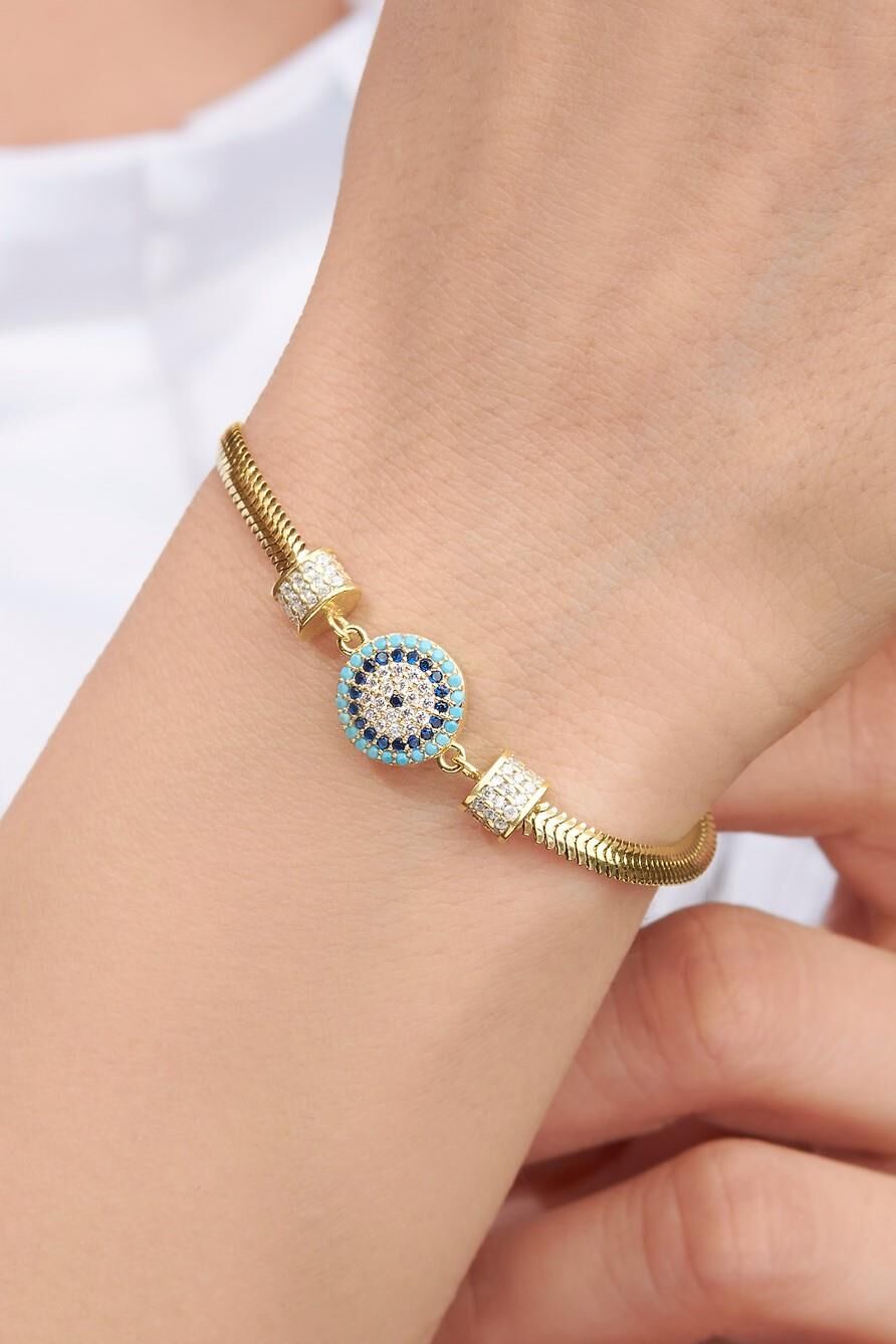 Gümüş Altın Kaplama Nazar Boncuklu Turkuaz Taşlı İtalyan Yassı Zincir Bileklik