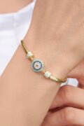 Gümüş Altın Kaplama Nazar Boncuklu Turkuaz Taşlı İtalyan Yassı Zincir Bileklik