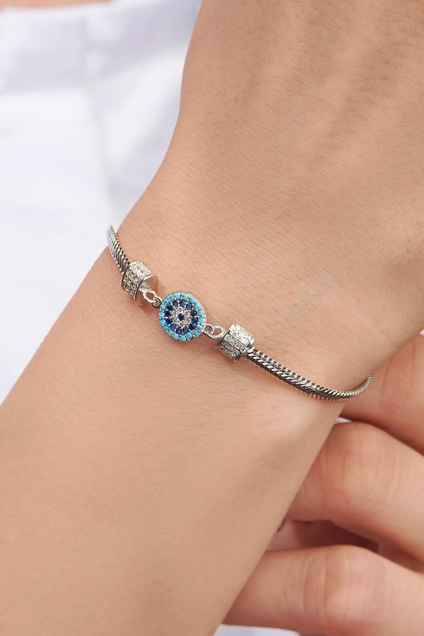 Gümüş Nazar Boncuklu Turkuaz Taşlı İtalyan Yassı Zincir Bileklik