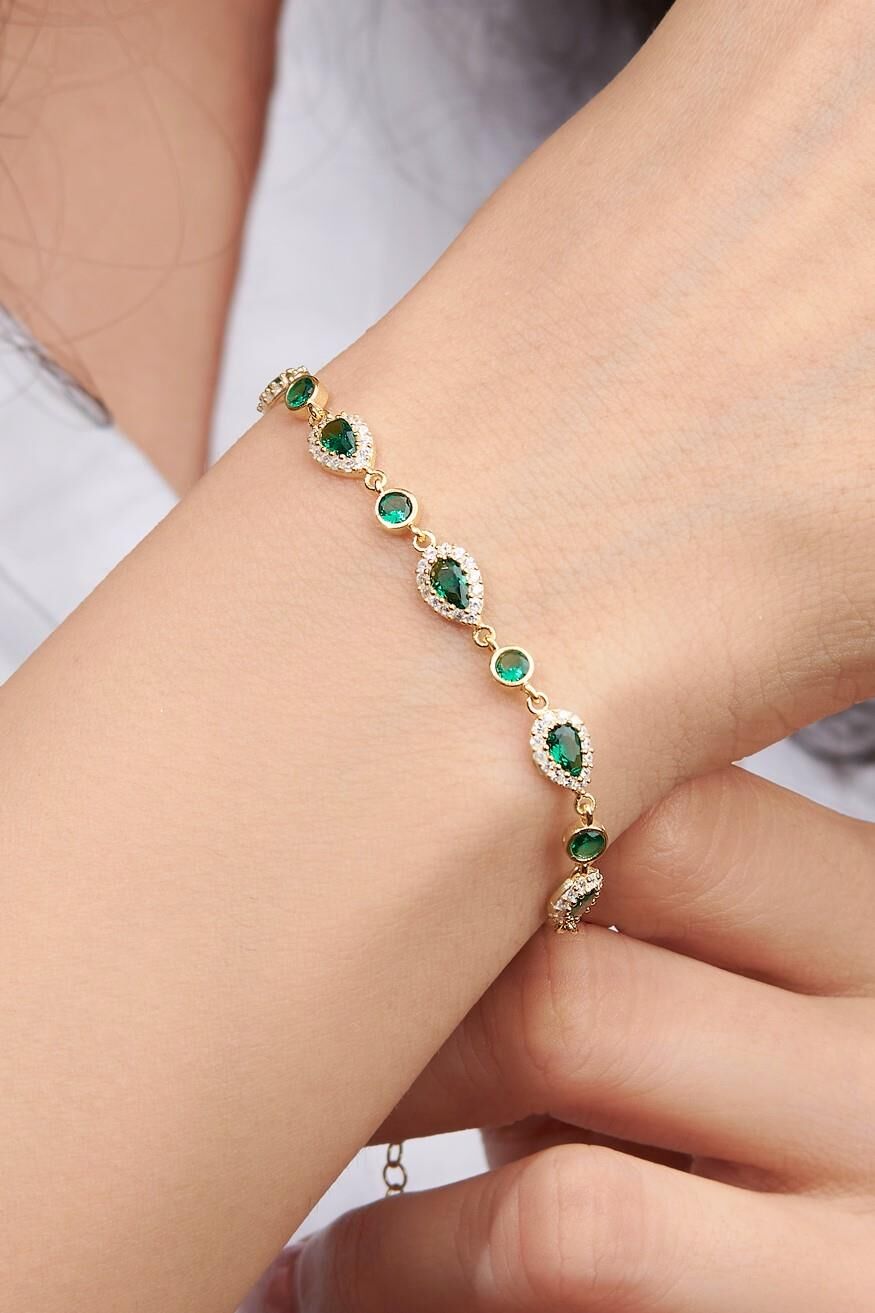 Gümüş Altın Kaplama Damla Yeşil Zirkon Taşlı Su Yolu Bileklik
