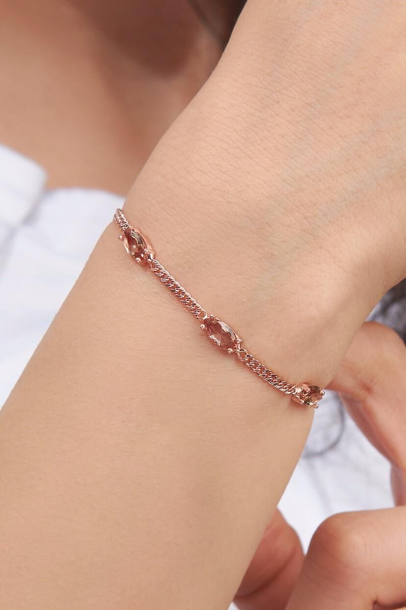 Gümüş Rose Renk Zultanit Taşlı Mekik Model Gurmet Zincirli Bileklik