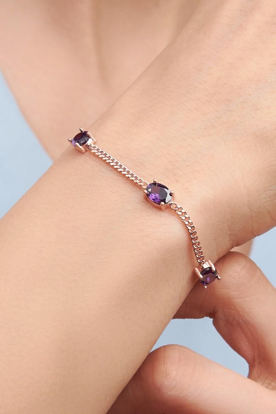 Gümüş Rose Oval Mor Ametist Taşlı Gurmet Zincirli Bileklik