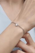 Gümüş Kalp Beyaz Zirkon Taşlı Pırlanta Modeli Gurmet Zincirli Bileklik