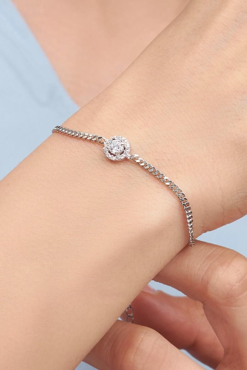 Gümüş Yuvarlak Beyaz Zirkon Taşlı Pırlanta Modeli Gurmet Zincirli Bileklik