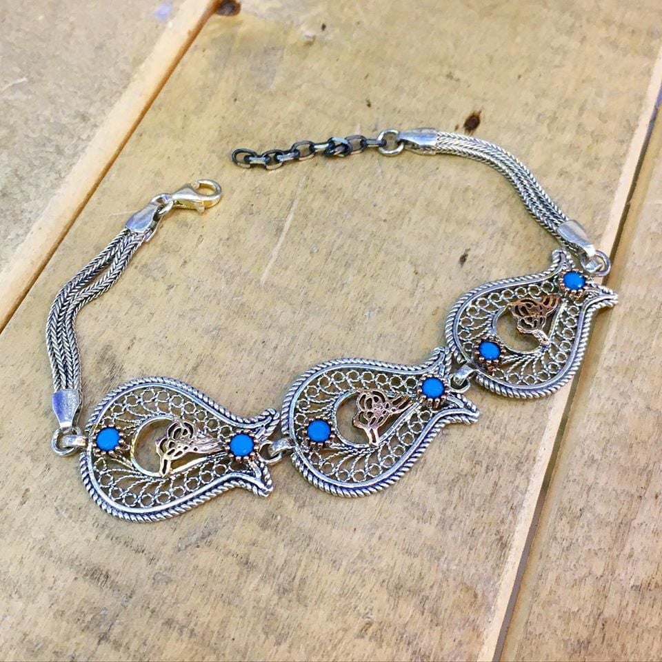 GÜMÜŞ TELKARİ TURKUAZ TAŞLI LALE BİLEKLİK