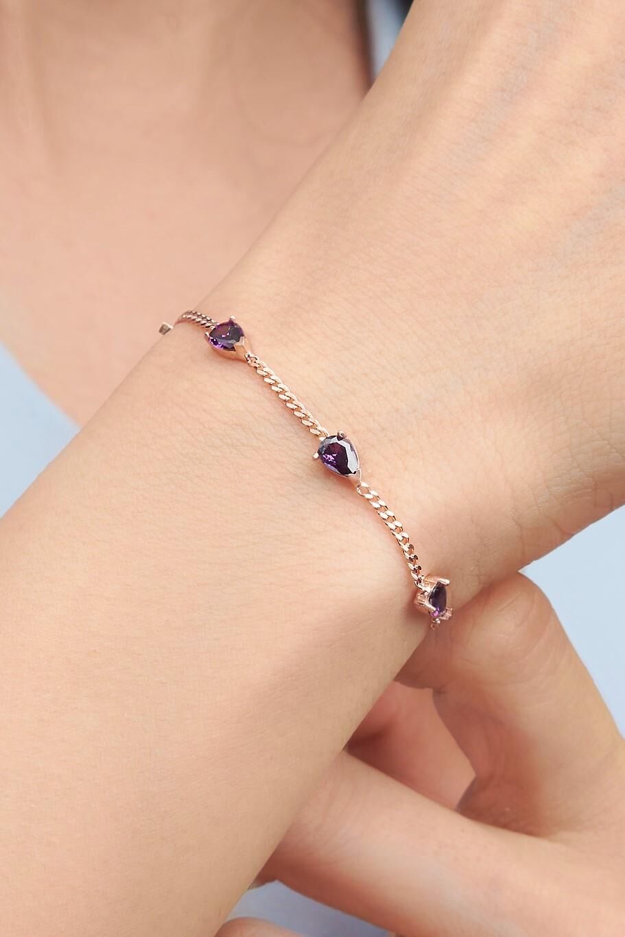 Gümüş Rose Kaplama Mor Ametist Taşlı Damla Model Gurmet Zincirli Bileklik