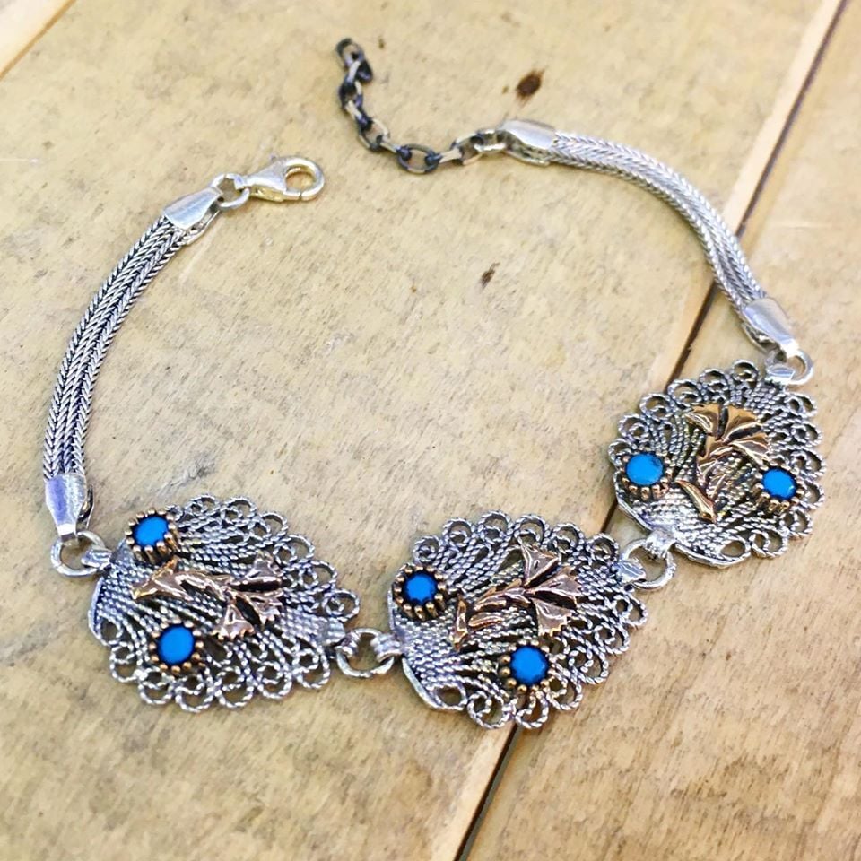 GÜMÜŞ TELKARİ TURKUAZ TAŞLI BİLEKLİK