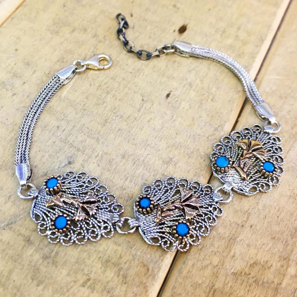 GÜMÜŞ TELKARİ TURKUAZ TAŞLI BİLEKLİK