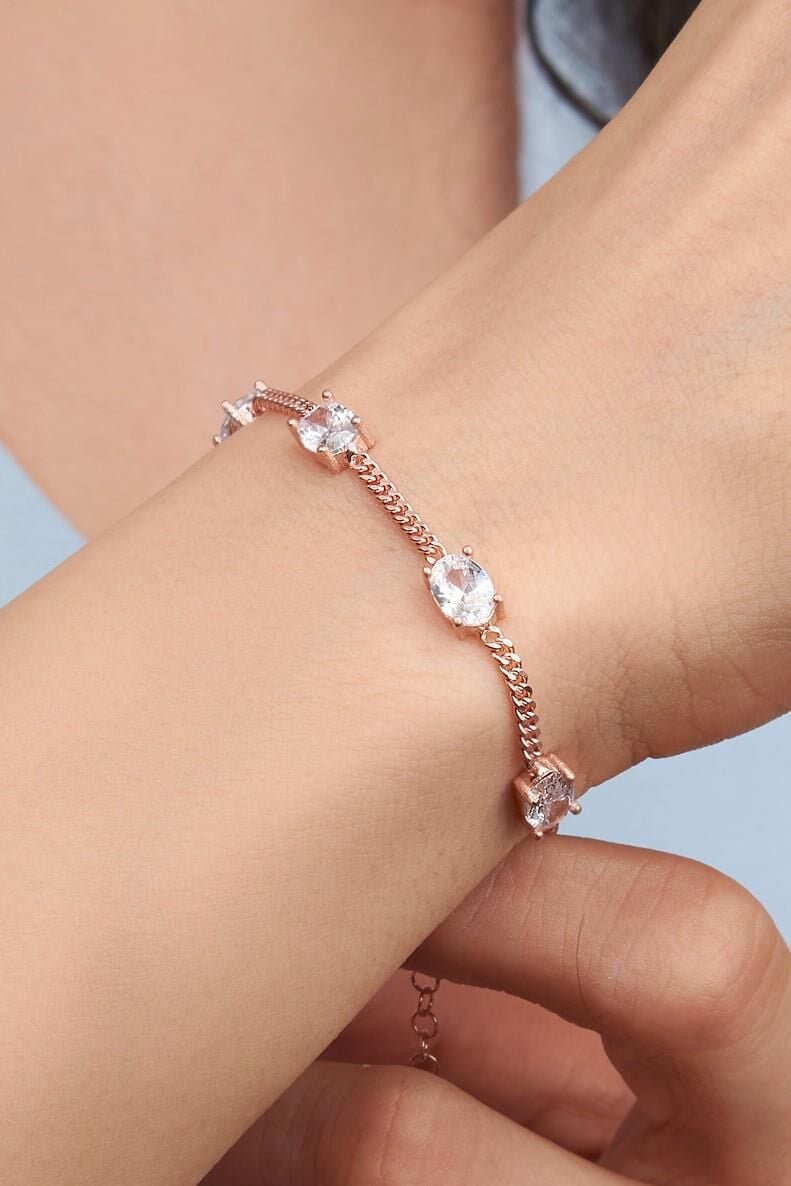 Gümüş Rose Oval Beyaz Zirkon Taşlı Gurmet Zincirli Bileklik