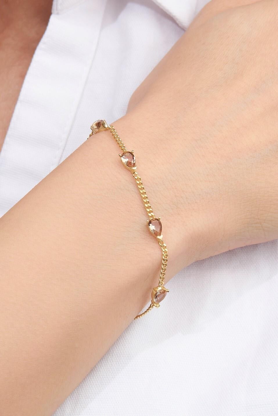 Gümüş Altın Kaplama Zultanit Taşlı Damla Pırlanta Model Gurmet Zincirli Bileklik