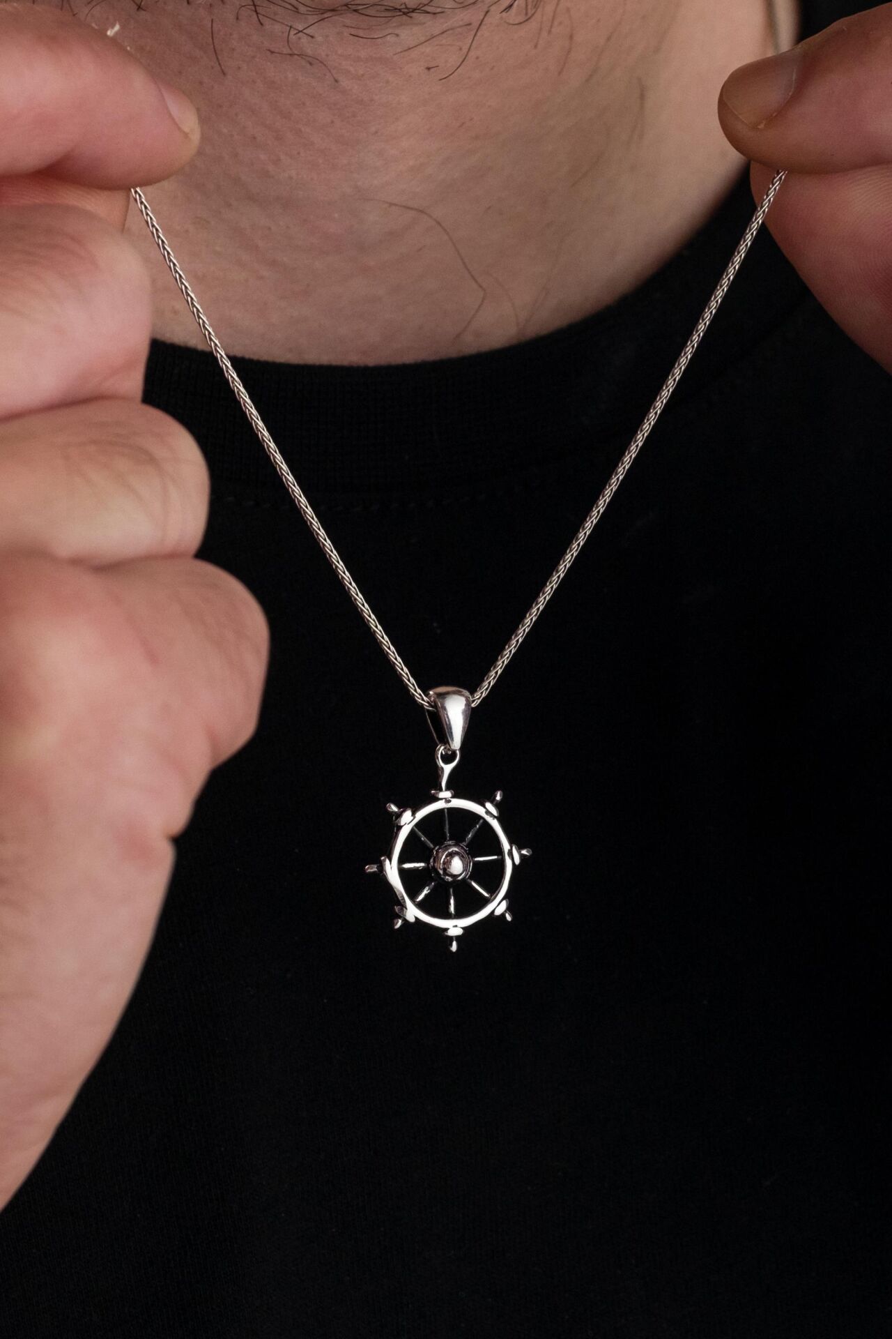 GÜMÜŞ Denizci Kaptan Gemi Dümeni  Erkek Kolye