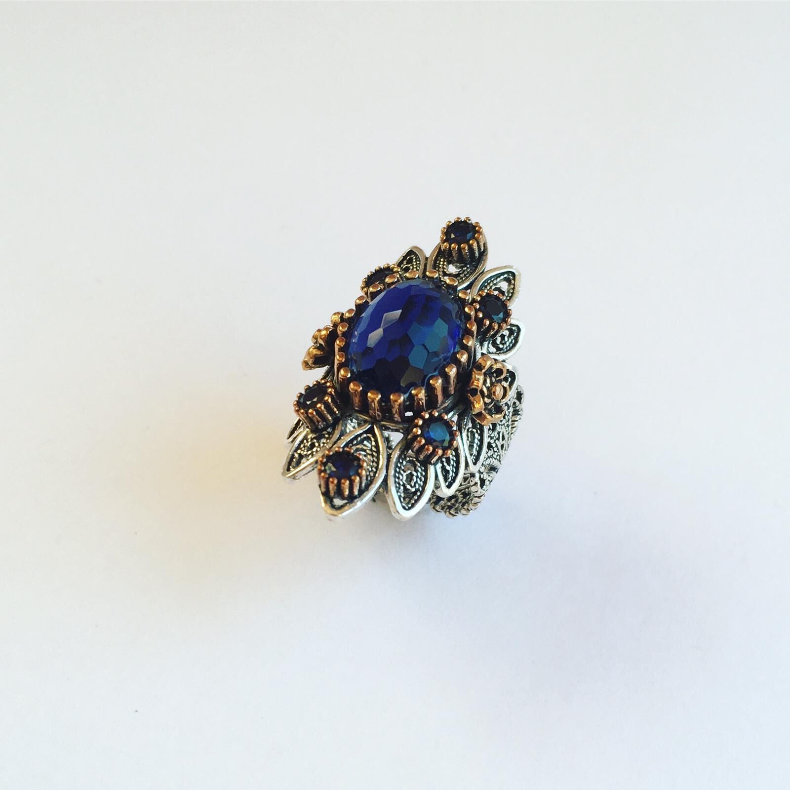 GÜMÜŞ PARLAMENT MAVİSİ ZİRKON TAŞLI MEKİK TELKARİ YÜZÜK