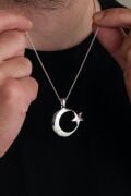 32 MM GÜMÜŞ AY YILDIZ BAYRAK ERKEK KOLYE