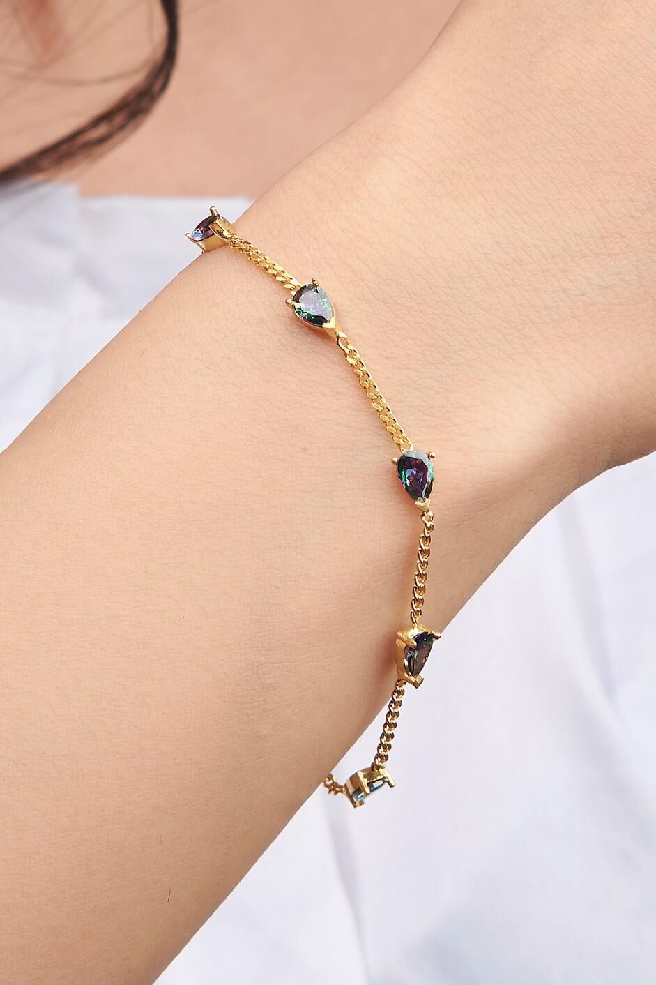 Gümüş Altın Kaplama Mistik Topaz Taşlı Damla Pırlanta Model Gurmet Zincirli Bileklik