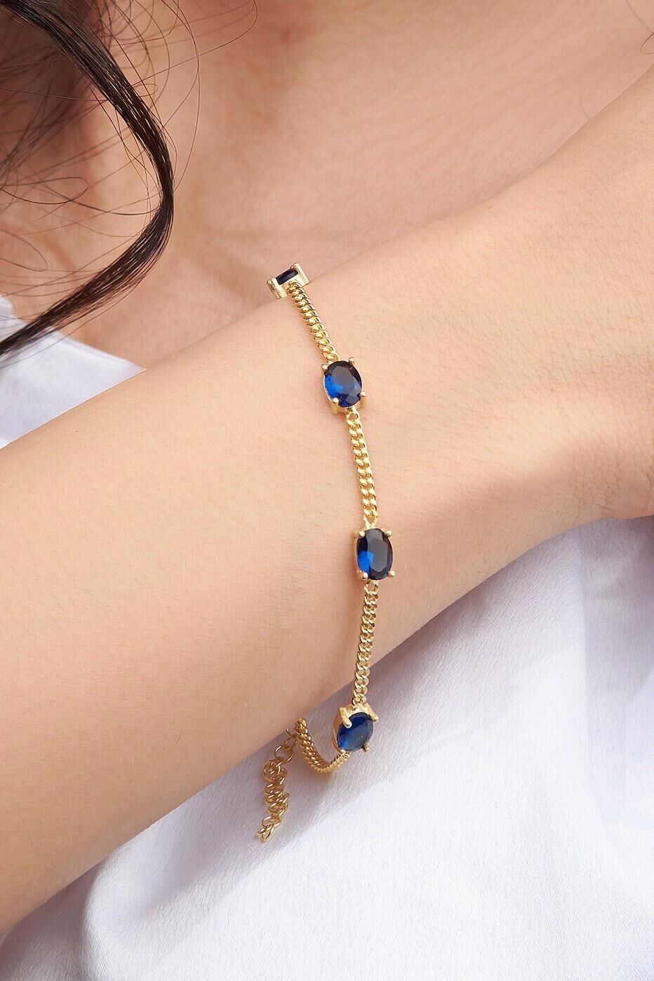 Gümüş Altın Kaplama Mavi Zirkon Taşlı Gurmet Zincirli Bileklik