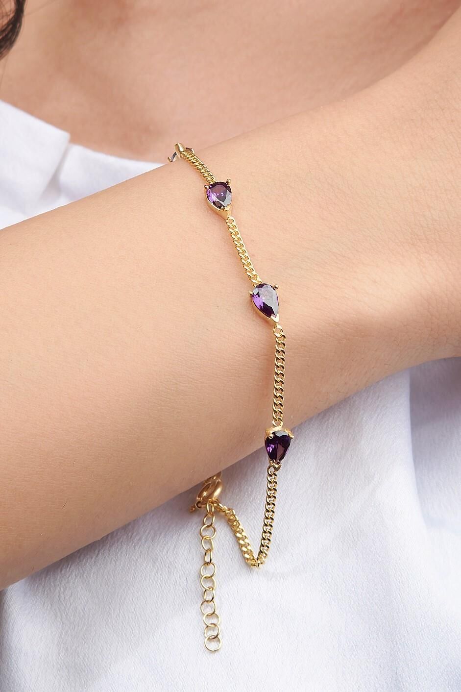Gümüş Altın Kaplama Mor Zirkon Taşlı Damla Model Gurmet Zincirli Bileklik