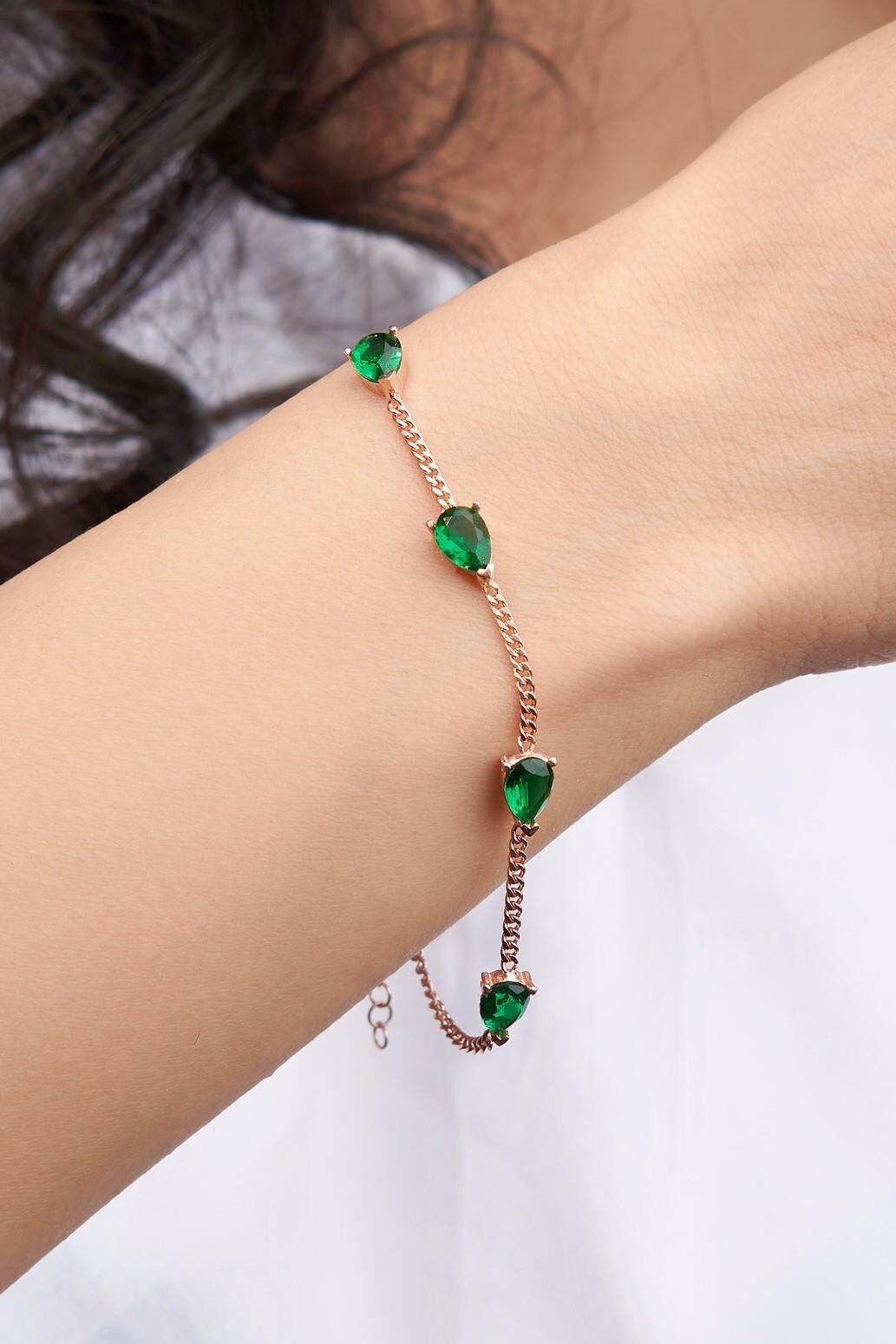 Gümüş Rose Yeşil Zirkon Taşlı Damla Model Gurmet Zincirli Bileklik