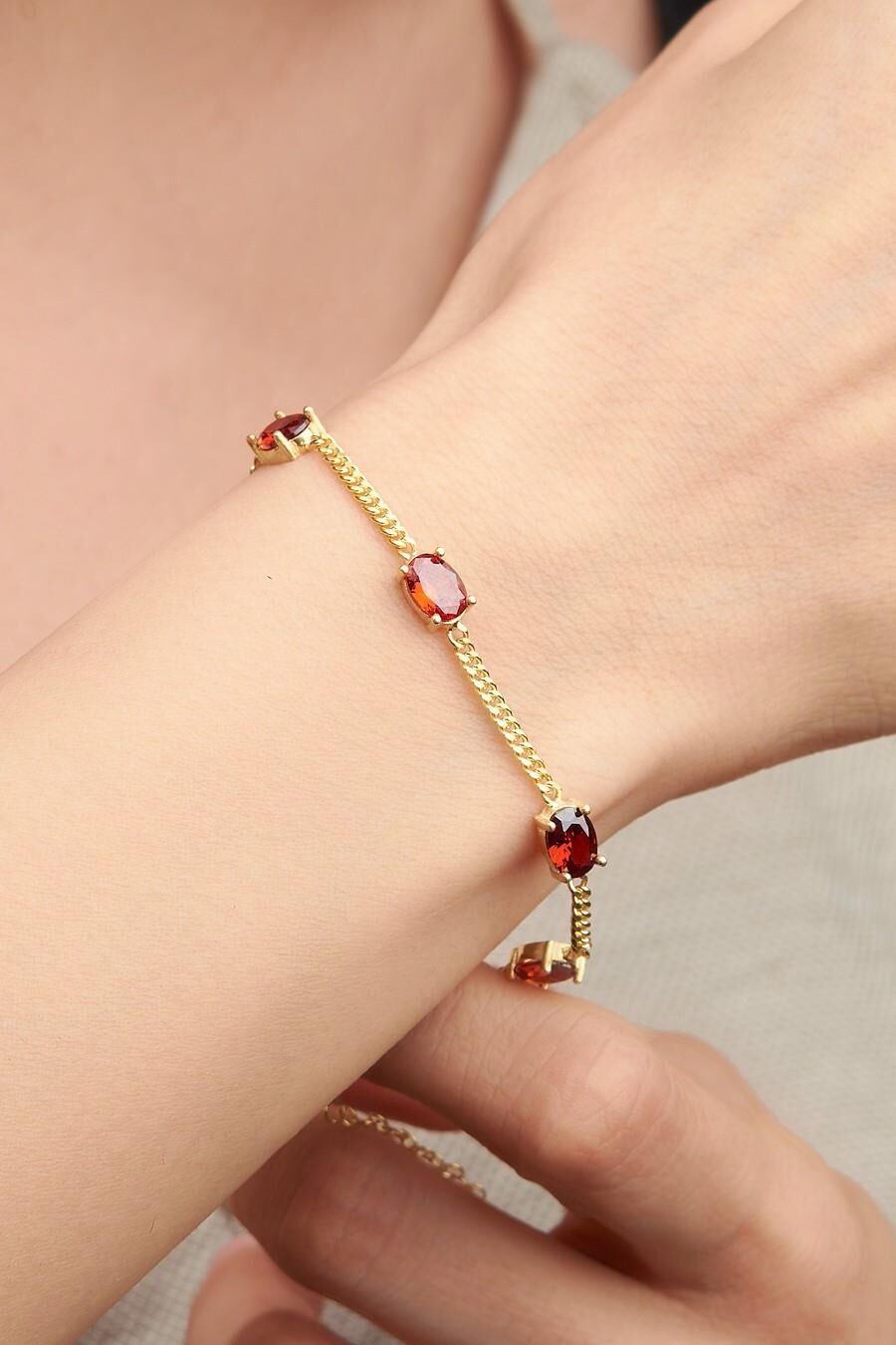 Gümüş Altın Kaplama Oval Kırmızı Lal Garnet Taşlı Gurmet Zincirli Bileklik