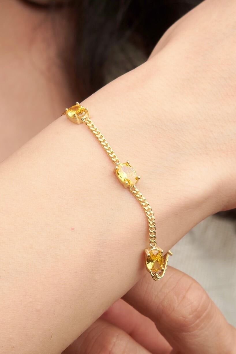 Gümüş Altın Kaplama Oval Sarı Sitrin Taşlı Gurmet Zincirli Bileklik