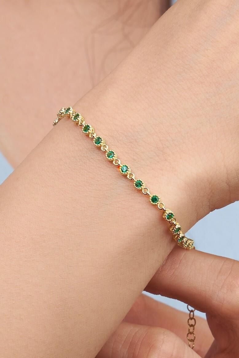 Gümüş Altın Kaplama Yeşil Zirkon Taşlı Pırlanta Modeli Su Yolu Bileklik