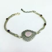 GÜMÜŞ TELKARİ PEMBE KUVARS TAŞLI DAMLA BİLEKLİK