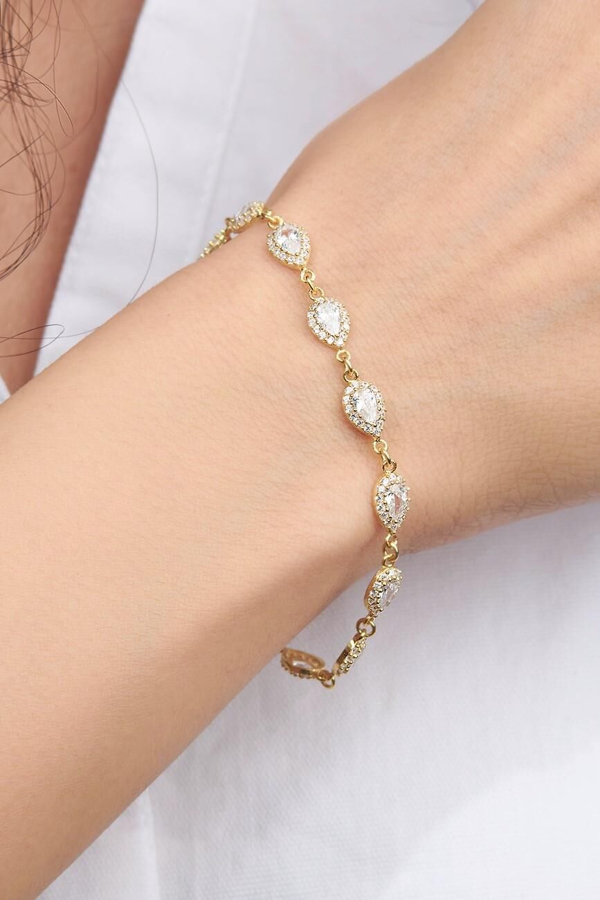 Gümüş Altın Kaplama Damla Beyaz Zirkon Taşlı Su Yolu Bileklik