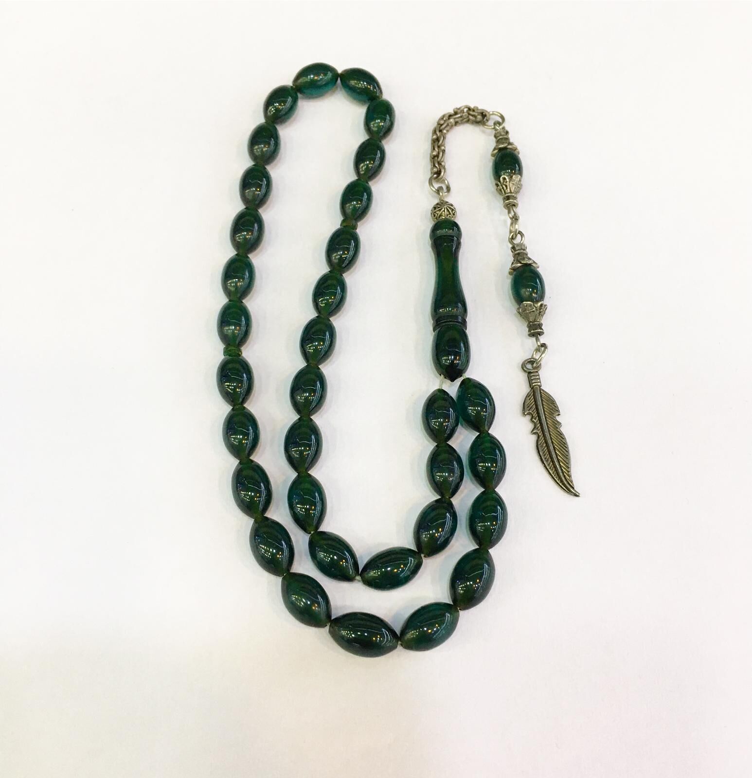 KOYU YEŞİL ATEŞ KEHRİBARI TESBİH   PÜSKÜL