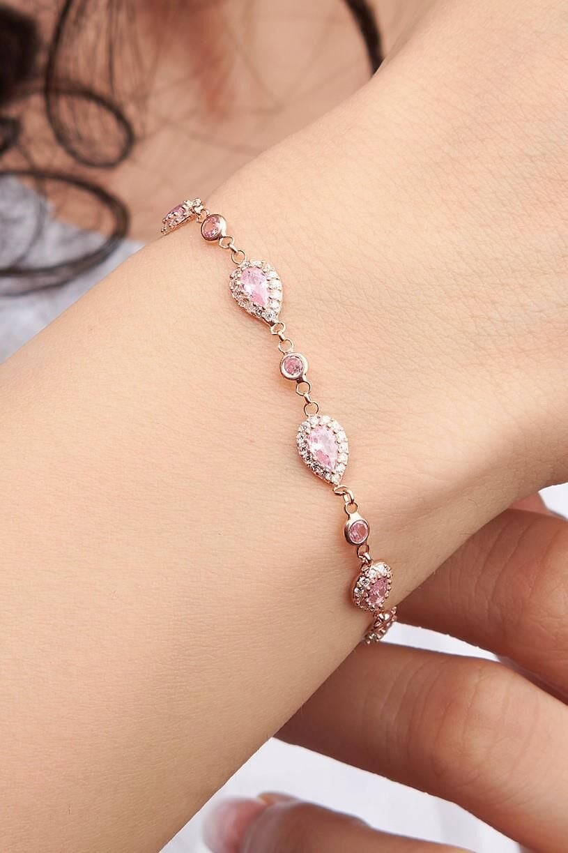 Gümüş Rose Damla Açık Pembe Zirkon Taşlı Su Yolu Bileklik