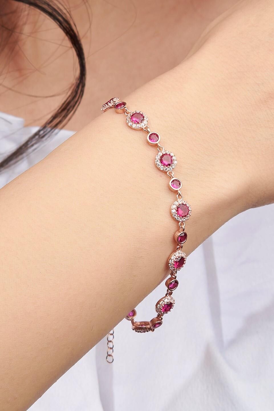 Gümüş Rose Kaplama Koyu Pembe Zirkon ve Yakut Taşlı Bileklik