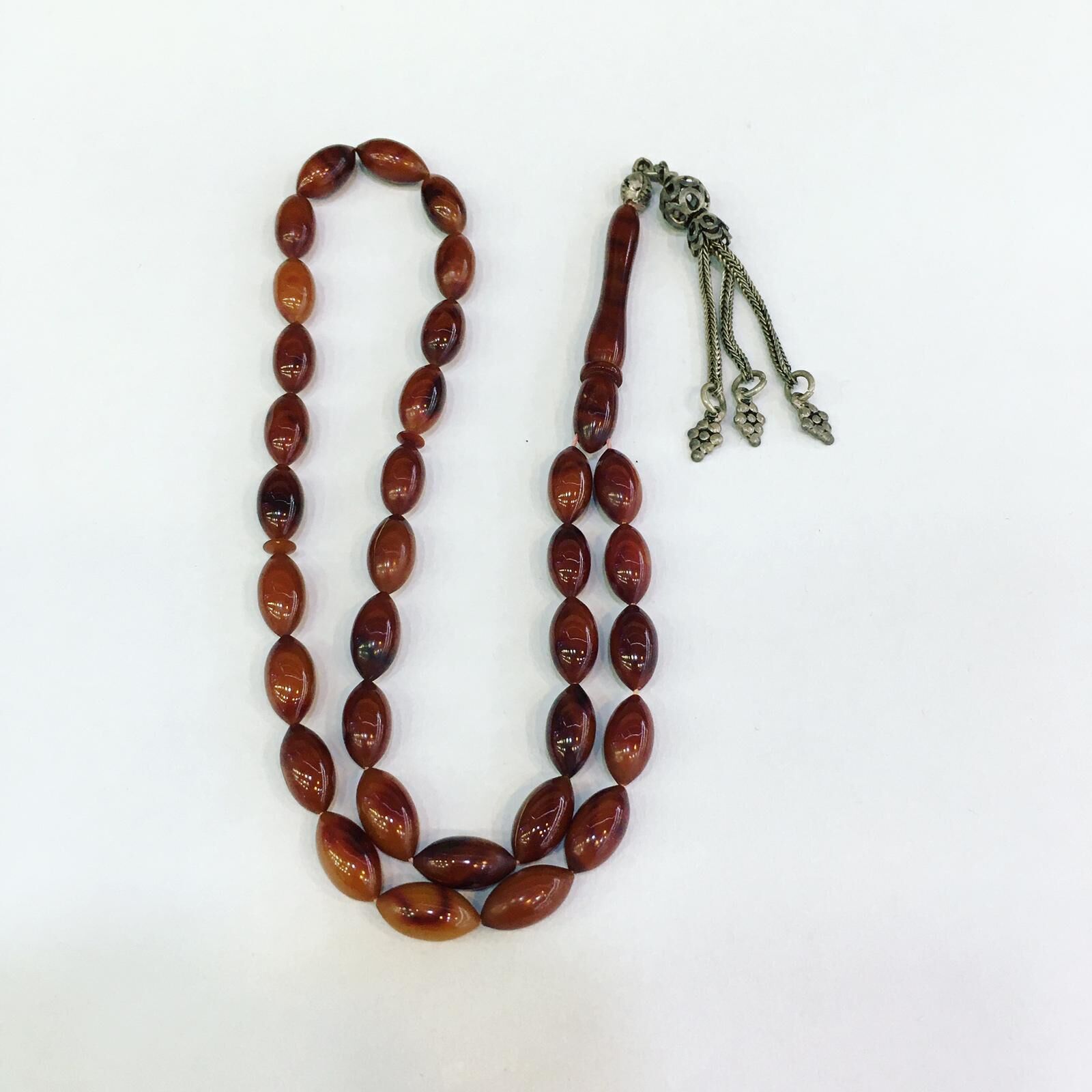 925 AYAR GÜMÜŞ PÜSKÜLLÜ KOYU KAHVE SIKMA KEHRİBAR TESBİH