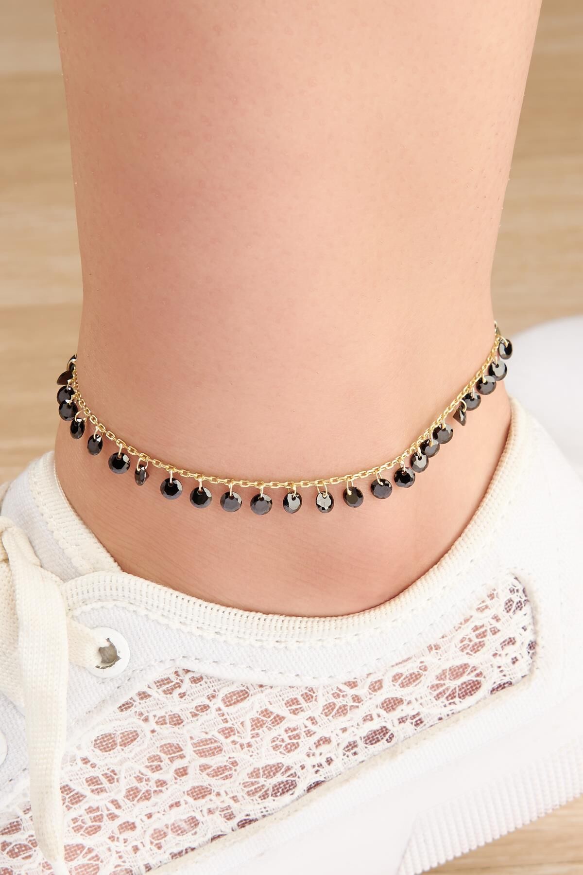 GÜMÜŞ ALTIN KAPLAMA SİYAH ZİRKON TAŞLI HALHAL