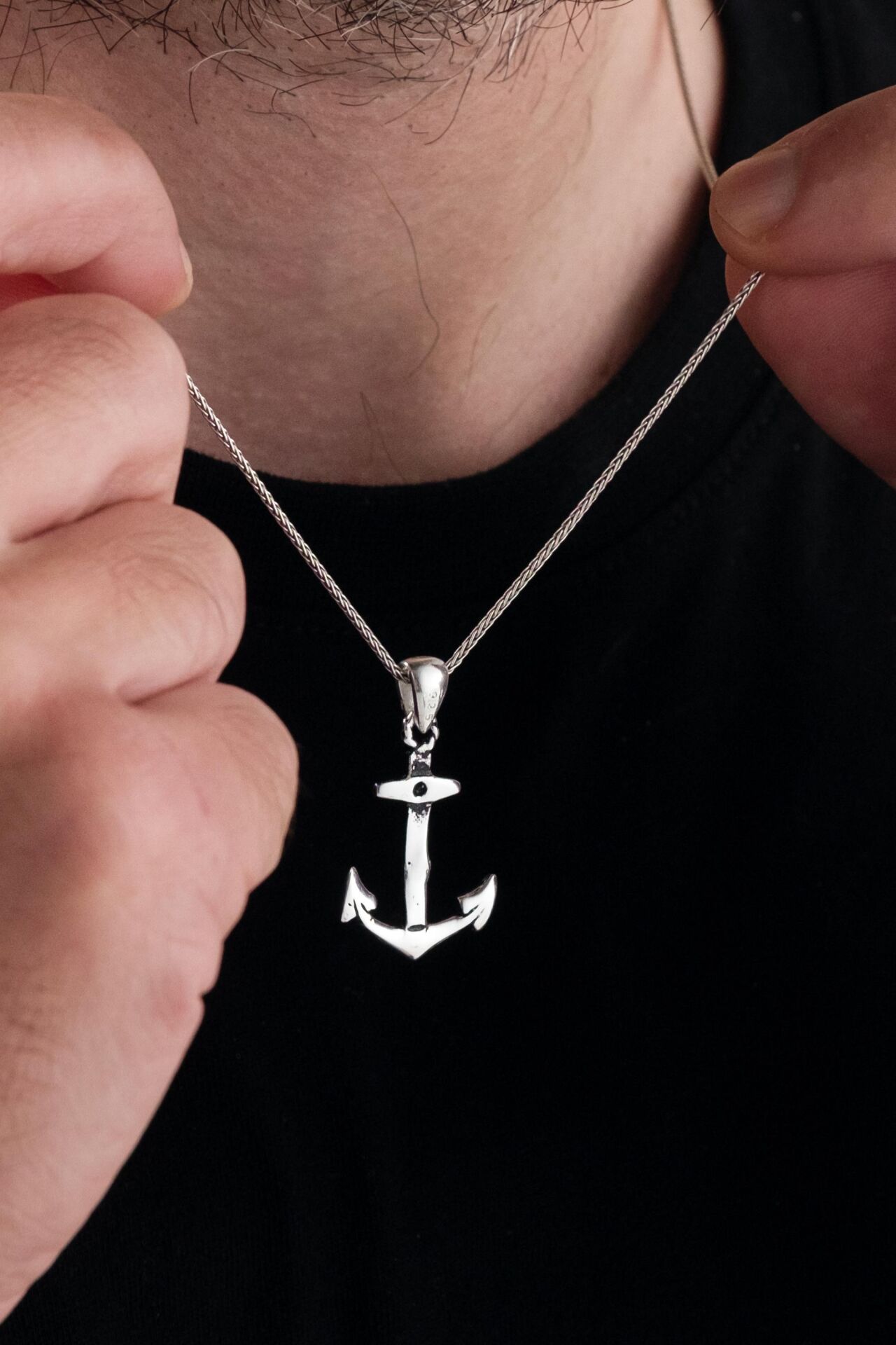 Gümüş Halatlı Gemi Çapa Denizci Balıkçı Erkek Kolye