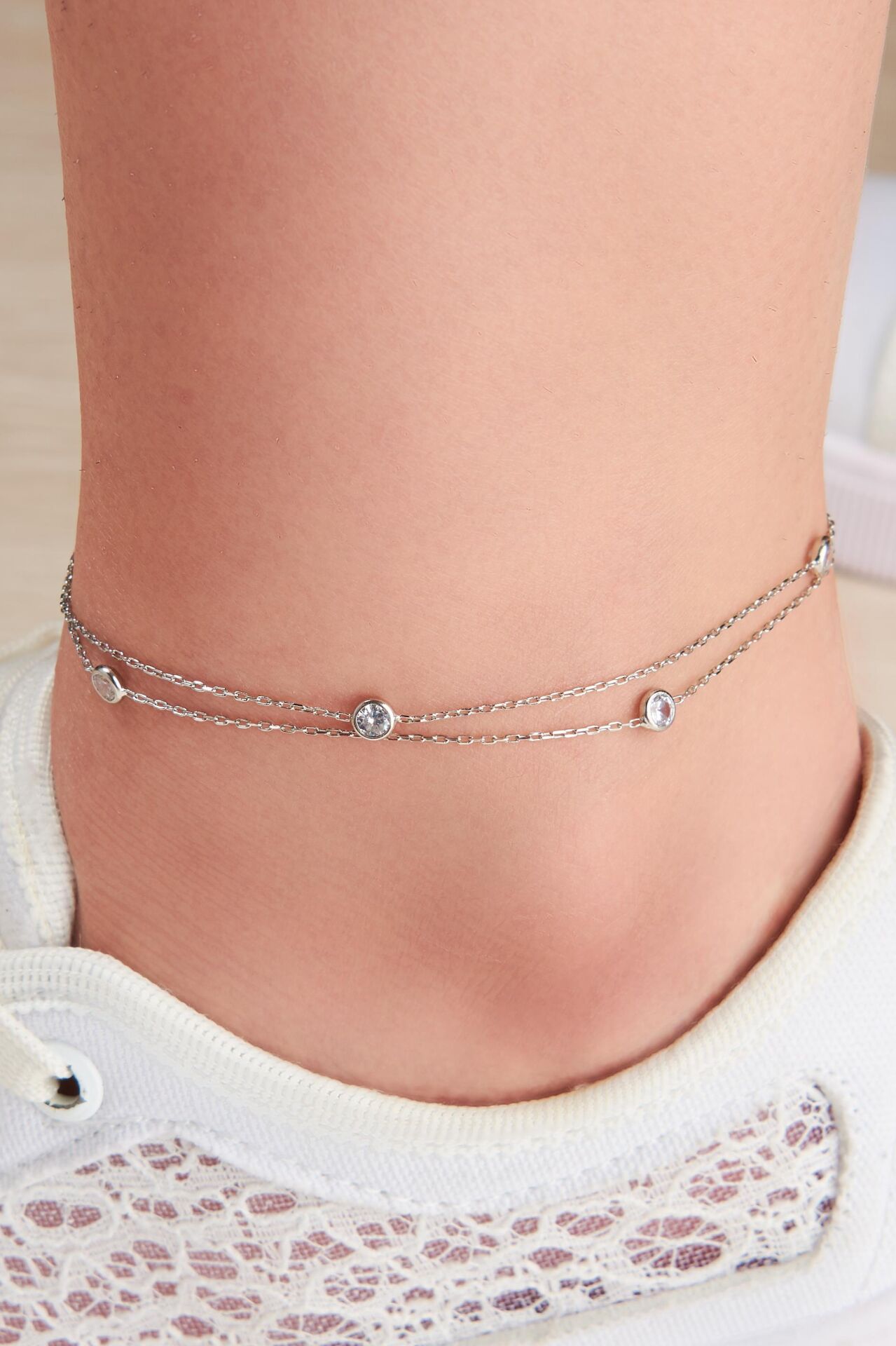 GÜMÜŞ ÇİFT ZİNCİRLİ ZİRKON TAŞLI HALHAL