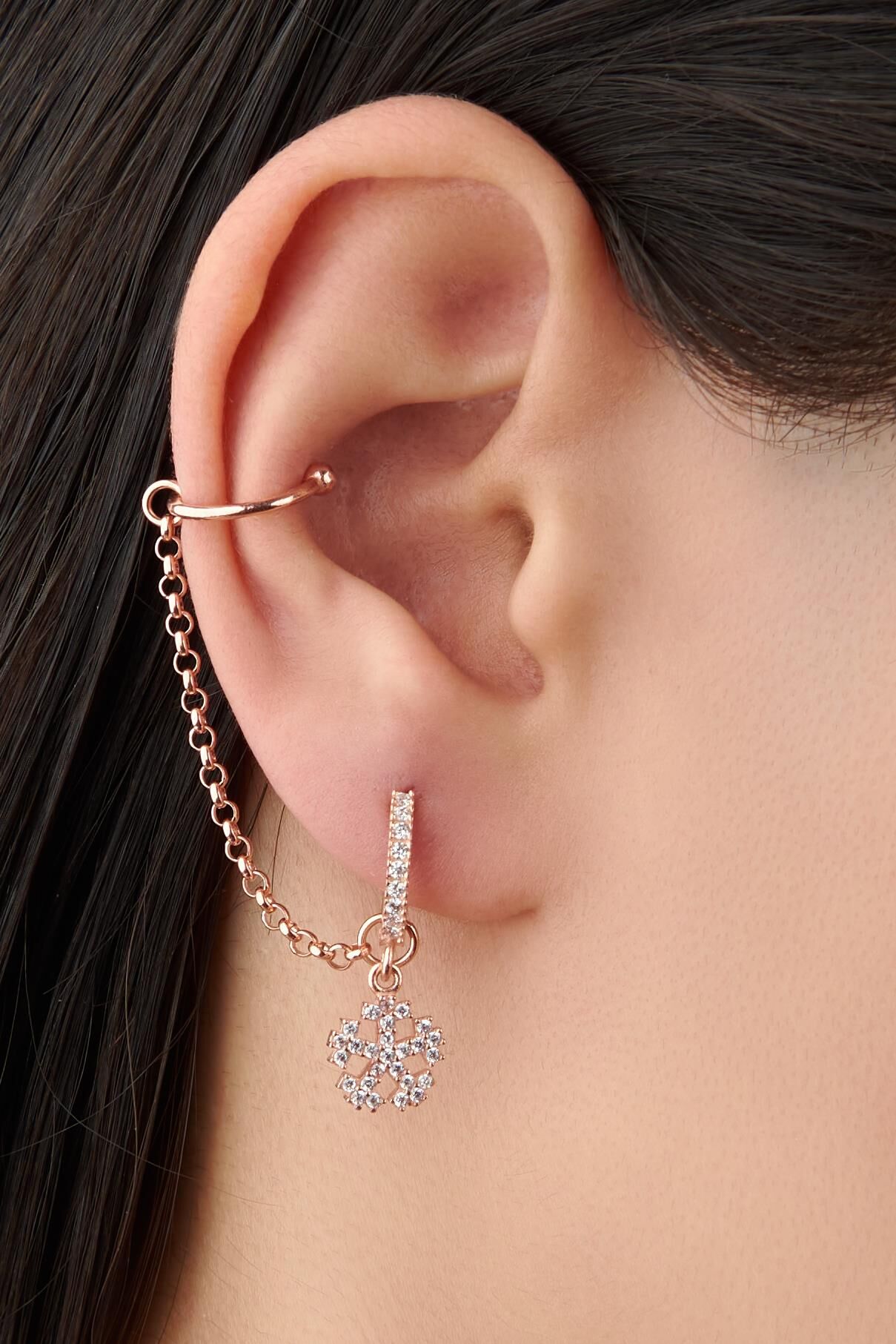 GÜMÜŞ ROSE BRONZ KAR TANESİ ZİNCİRLİ KÜPE