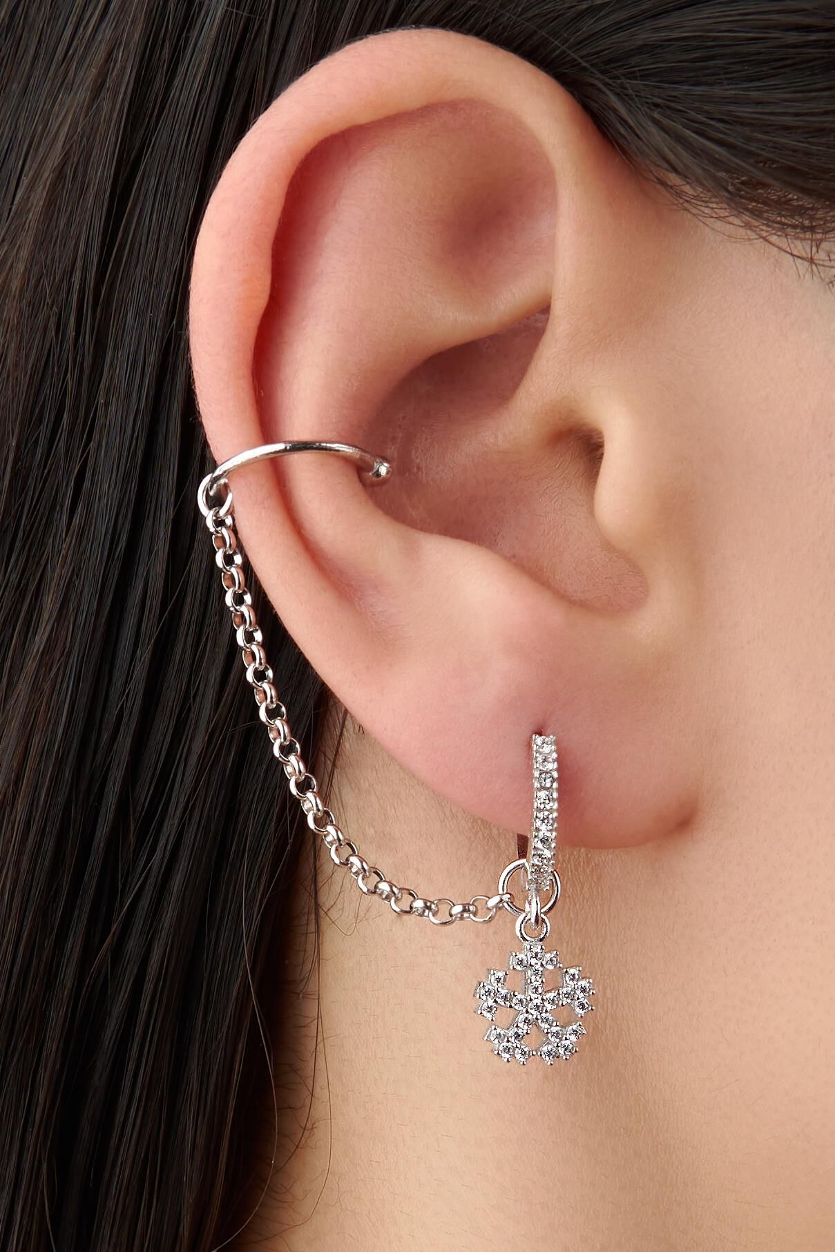 GÜMÜŞ KAR TANESİ ZİNCİR KÜPE